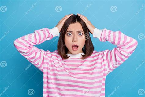 Photo Of Scared Impressed Woman Wear Striped Sweater Arms Head Open