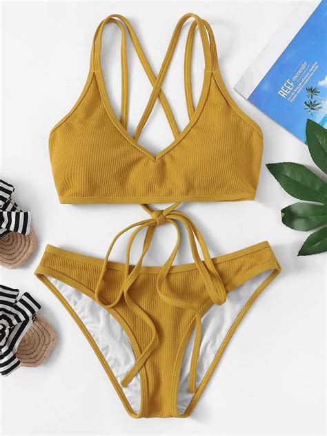 Sheinshein Criss Cross Top With Ribbed Bikini Set Bikinis Criss