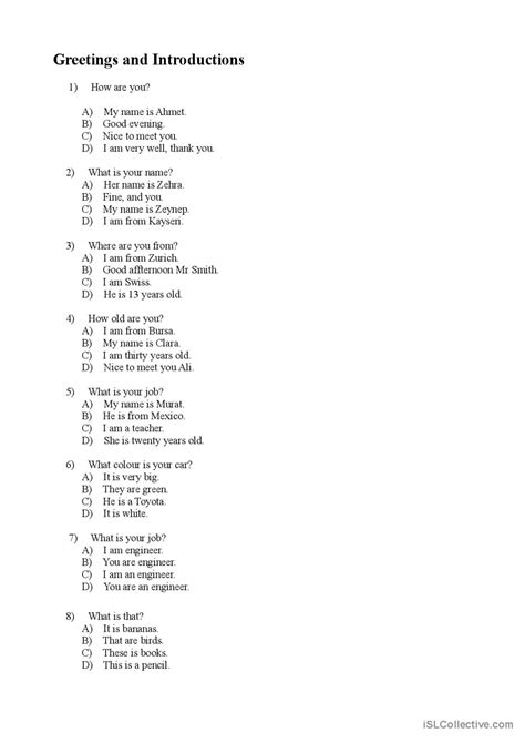 Greetings And Introductions Quiz English Esl Worksheets Pdf And Doc