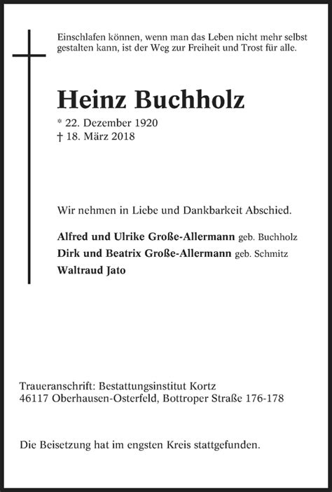 Traueranzeigen Von Heinz Buchholz Trauer In NRW De