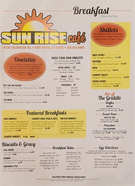 Menu Sunrise Cafe