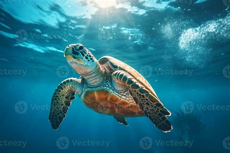 green sea turtle swimming near beautiful coral reef, under water sea ...