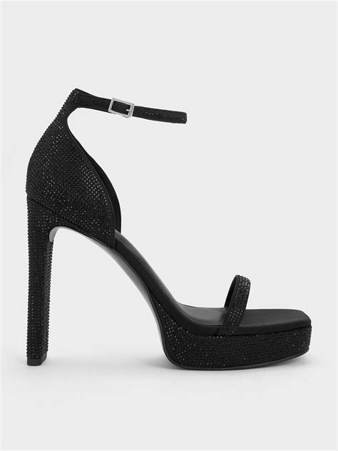 Black Textured Crystal Ankle Strap Platform Sandals Charles And Keith In