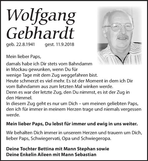 Traueranzeigen Von Wolfgang Gebhardt Trauer Anzeigen De