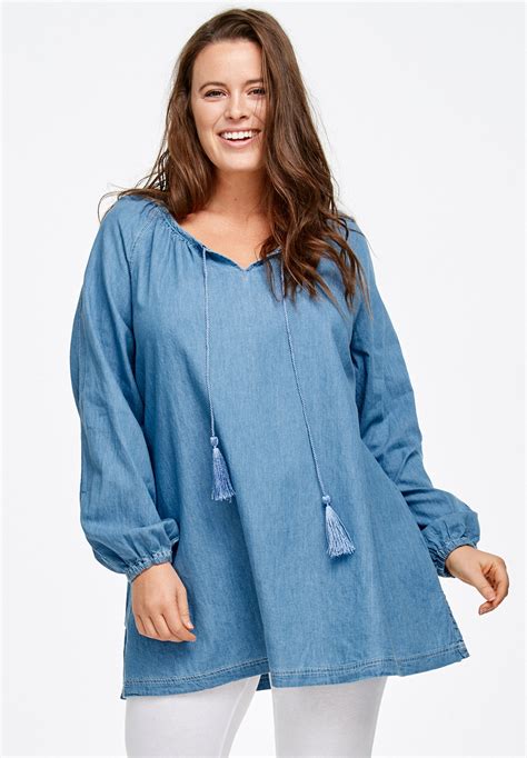 Denim Peasant Tunic By Ellos® Plus Size Tunics Roamans