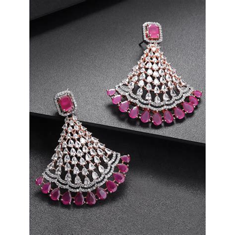 Priyaasi Rose Gold Plated Cz Ad And Maroon Stone Studded Teardrop