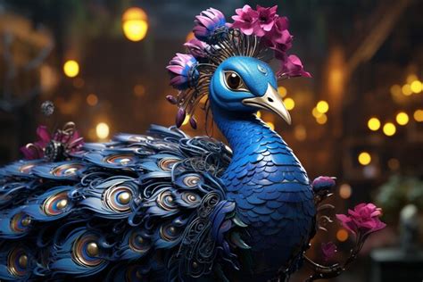 Imágenes ecológicas realistas con pavo real y lámparas de colores