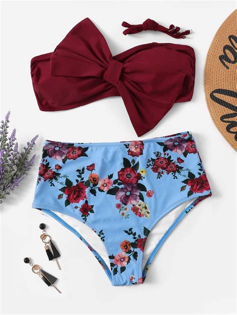 Bow Decorated Bandeau With Random Floral High Waist Bikini Shein