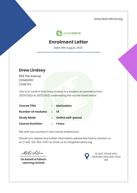 Order Enrolment Letter Learndrive Courses