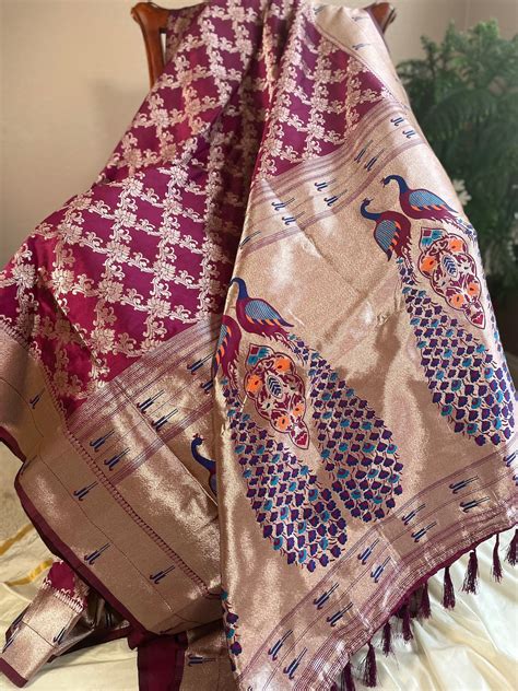 Wine Coloured Blended Silk With Paithani Border Saree Etsy