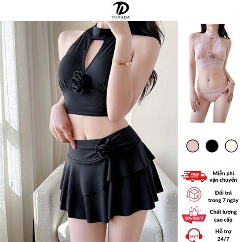 Bikini mảnh Tuvada họa tiết hoa trà đồ bơi nữ basic dễ mặc áo tắm đi biển cao cấp BBH