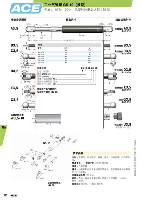 GS 15 20 40 50 60 80 100 120 150 200ACE氮气弹簧型号规格 融恩备件之家