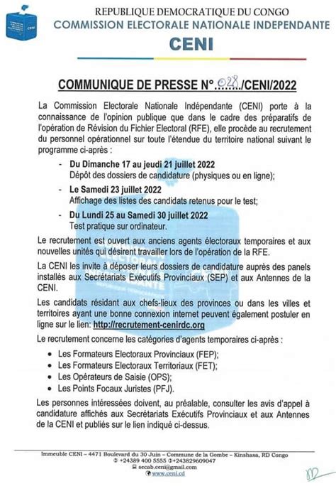 Ceni RDC on Twitter COMMUNIQUÉ DE PRESSE N028 CENI 2022 relatif au