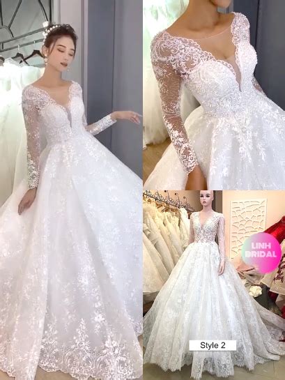 Dreamy Princess Long Sleeves Deep V Neck Floral Lace Whiteivory Ball Gown Wedding Dress