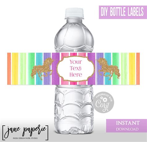 Editable Corjl Rainbow Unicorn Water Bottle Labels Glitter Unicorn Birthday Rainbow Water Bottle