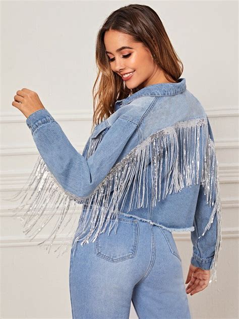 Contrast Sequin Fringe Detail Raw Hem Denim Jacket Shein Usa Casual College Outfits Fashion