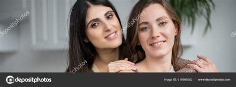 Same Sex Couple Hugging Looking Camera Home Banner Stock Photo Allaserebrina