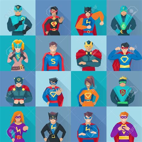 Superhero Square Shadow Icons Set With Power Symbols Flat Isolated