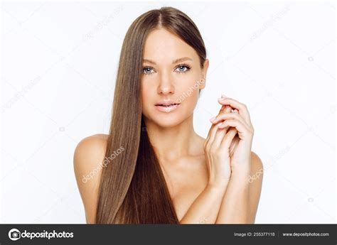 Portrait Naked Woman Long Hair Looking Camera Isolated White Background