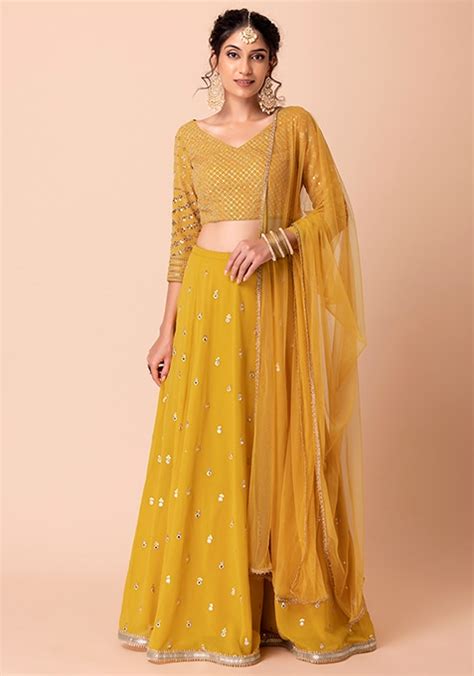 Buy Women Mustard Yellow Sequin Embroidered Lehenga Set With Mirror