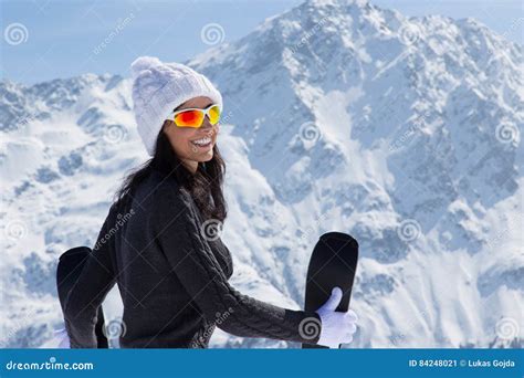 Beautiful Brunette Woman With Ski Stock Image Image Of Recreation Frozen 84248021