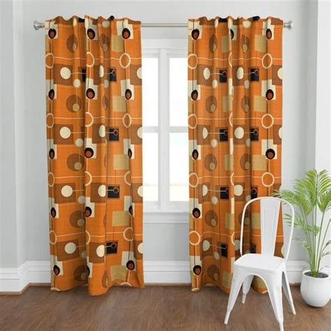 Mid Century Modern Curtain Panel Orbs And Squares Orange By Chicca