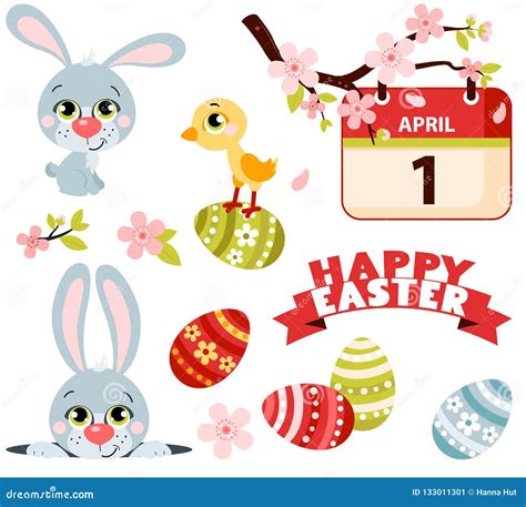 Set Of Cute Easter Cartoon Characters And Design Elements Stock Vector