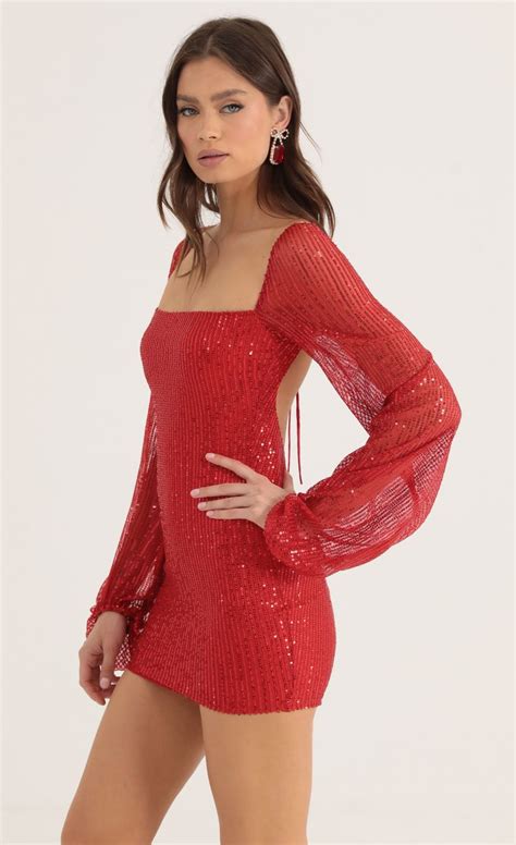 Kirsten Sequin Open Back Long Sleeve Dress In Red Lucy In The Sky