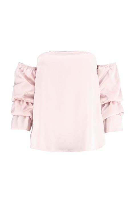 Boohoo Laura Satin Ruched Sleeve Bardot Top