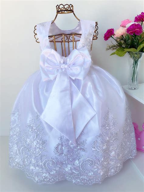 Vestido De Festa Infantil Batizado Daminha Noivinha Branco Elo