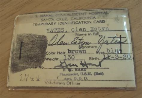 S Wwii Us Navy Identification Card Naval Convalescent Hospital