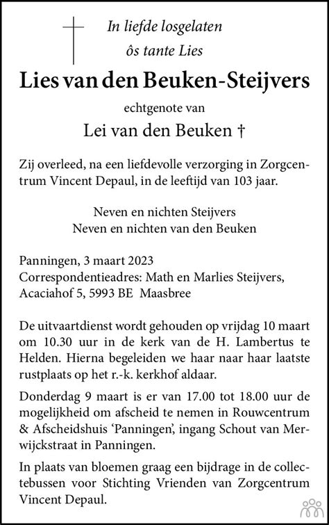 Lies Van Den Beuken Steijvers Overlijdensbericht En