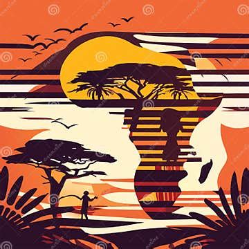 African Landscape. Silhouette of African Woman and Sunset Stock Vector - Illustration of ...