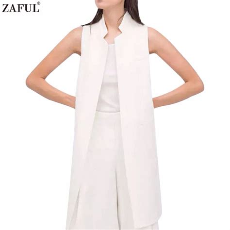 Zaful European Fashion Women White Black Long Vest Coat Mandarin Collar