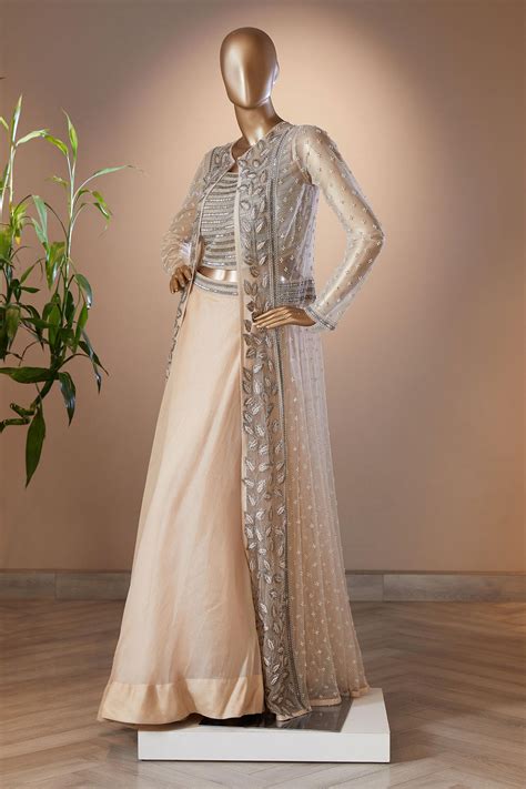 Buy Couture By Niharika Peach Embroidered Jacket And Lehenga Set Online