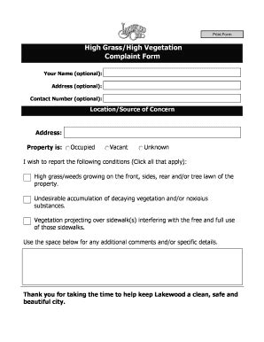 Fillable Online High Grass High Vegetation Complaint Form City Of