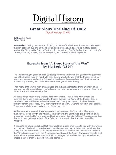 The Causes and Outbreak of the Great Sioux Uprising of 1862 | PDF ...