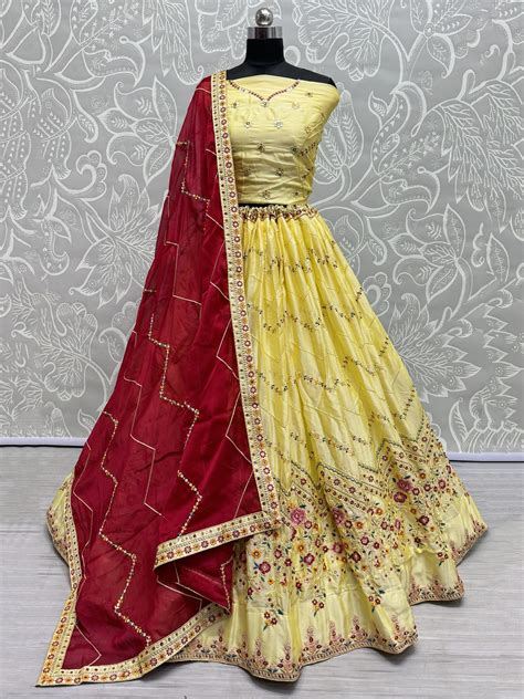 Buy Yellow Thread Work Silk Lehenga Choli With Dupatta From Ethnic Plus