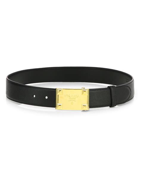 Prada Saffiano Logo Plaque Belt In Black Lyst