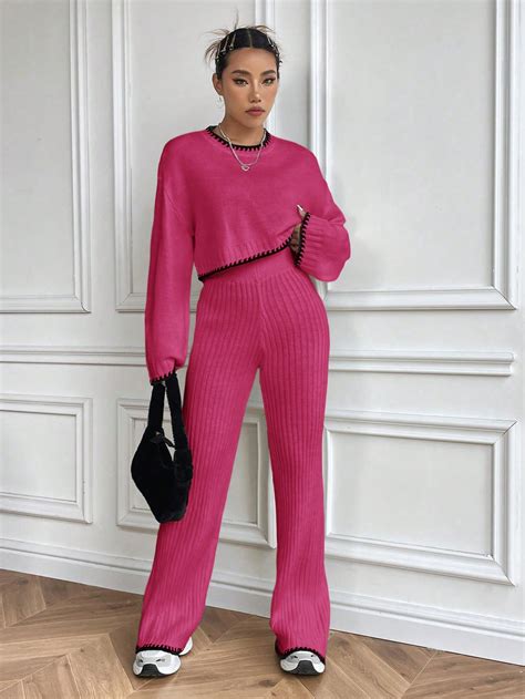 Contrast Trim Drop Shoulder Sweater And Knitted Pants Simple And Casual