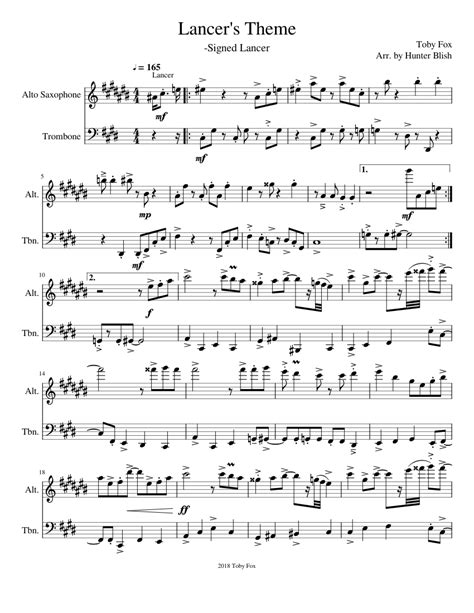 Lancers Theme Sheet Music For Trombone Saxophone Alto Mixed Duet