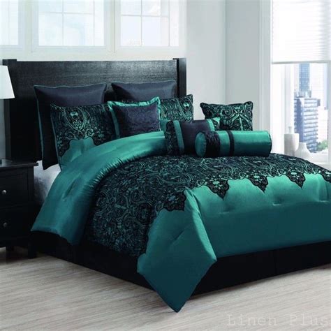 10 Piece Satin Teal Black Flocked Comforter Set Queen Size Türkis