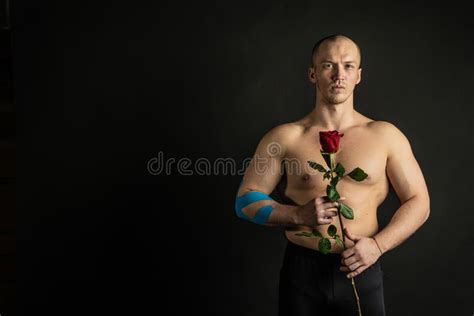 Athletic Man Holding A Red Rose Naked For The Day Of Velentin Pumped