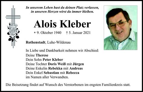 Traueranzeige Alois Kleber Rothenstadt Oberpfalzecho