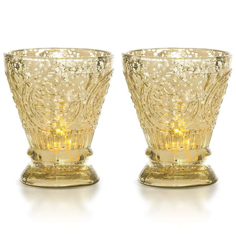 2 Pack Vintage Mercury Glass Candle Holder 4 Inch Rosemary Design