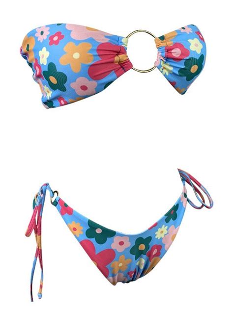 Emmiol Free Shipping Flower Print Bandeau Bikini Set Blue L In