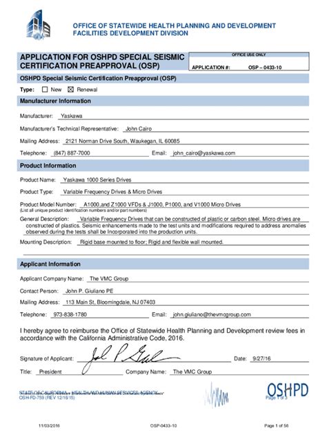 Fillable Online OSHPD Special Seismic Certification Preapproval OSP