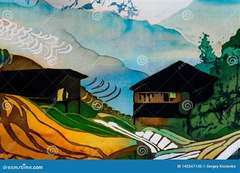 Houses On Rice Terraces Fragment Hot Batik Handmade Abstract Surrealism Art On Silk Stock