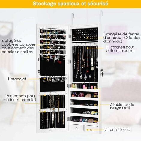 COSTWAY Armoire à Bijoux Mural avec Éclairage LED sur Pied avec Miroir