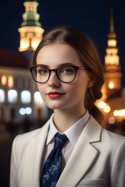 Premium Photo A Beautiful European Lady In Suit And Glasses Is Standing On The Street At Night